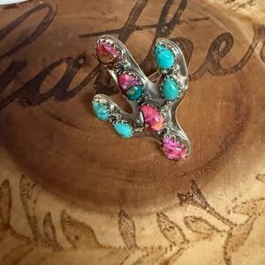 Pink Dahlia and Turquoisse  Cactus Adjustable Ring